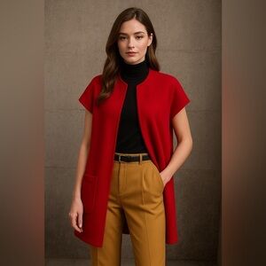 Olsen Cardigan Open Knit Midi Length Vibrant Cherry Red Oversized Pocket…​​
